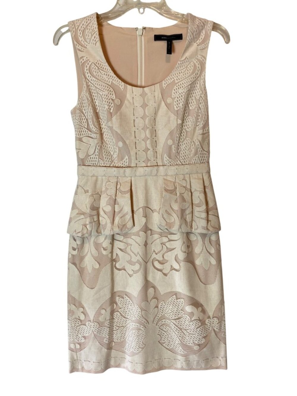 BCBGMaxAzria Beige Lace Peplum Sheath Dress